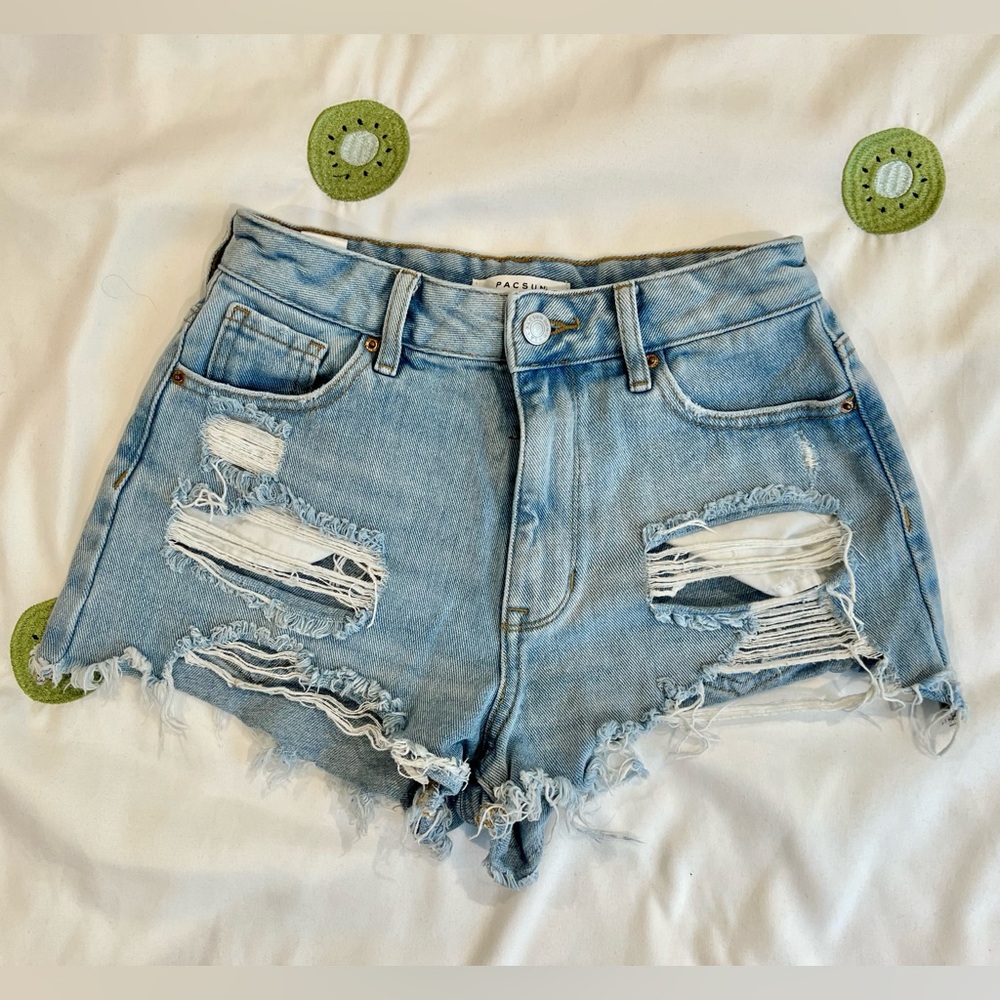 PacSun | High Waisted Denim Festival Shorts Ripped Button Fly, Light Blue, 25